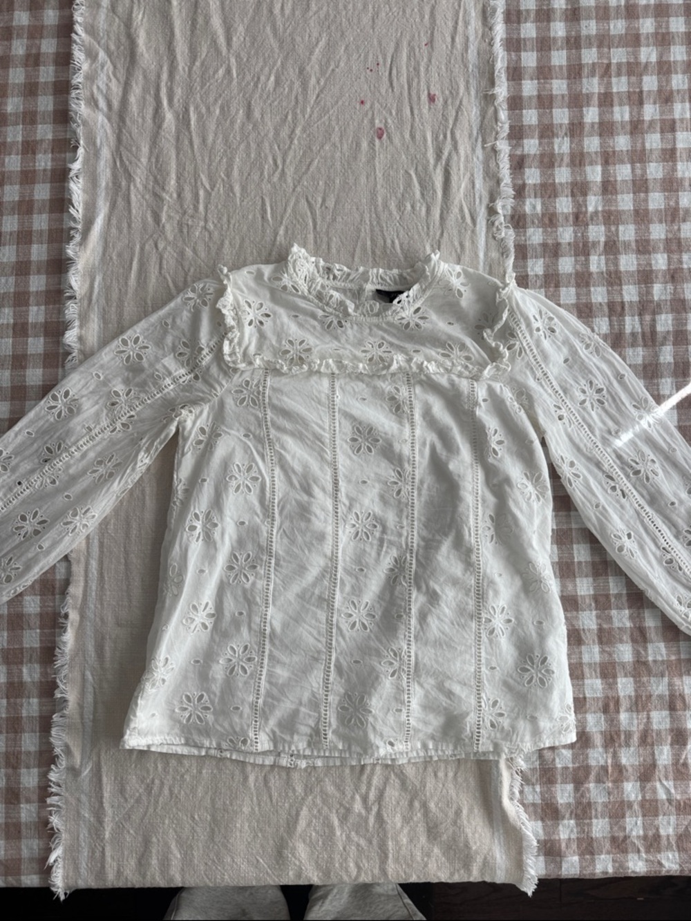 J. Crew White Eyelet Ruffled Yoke Long-Sleeve Blouse